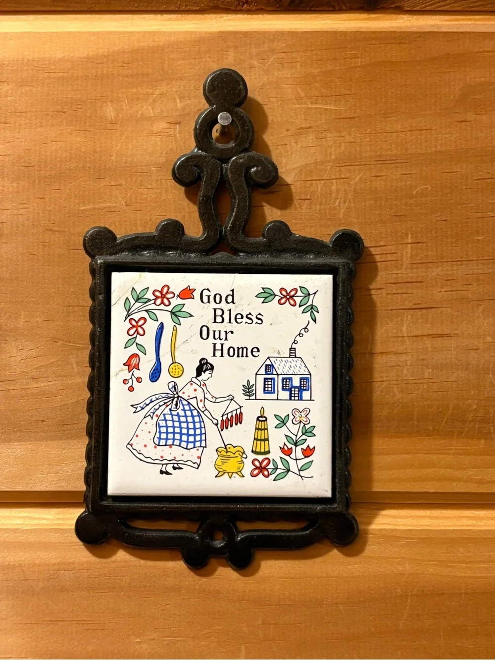 Vintage Tile Wrought Iron Trivet Black God Bless Our Home Japan Multicolor 4x6